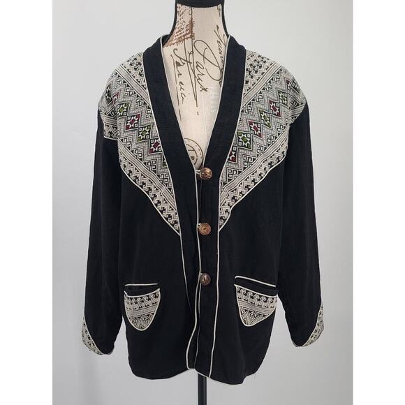 Vintage Bohemian Aztec pattern embroidered jacket/blazer black costume 80s SZ M - Picture 1 of 13